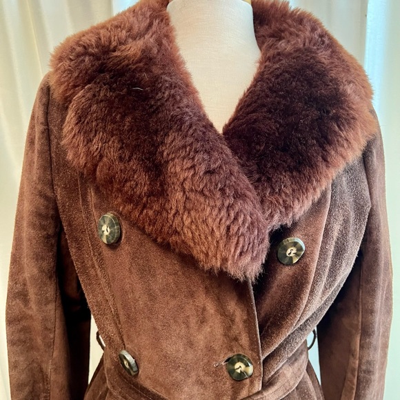 Vintage split cowhide brown suede coat lamb collar wrap style size Med - Picture 2 of 13